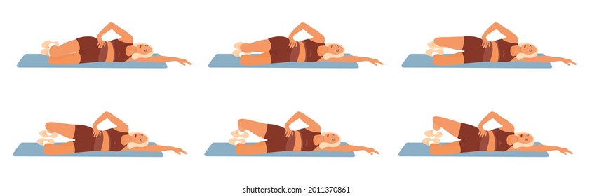 Young Adult Women Doing The Side Lying Clam Exercise For The Hip. Step-by-Step Vector Instructions How To Do The Kegel Exercise Or Yoga.