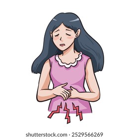 Young adult women with long hair and pink clothes having menstrual cramps or abdominal stomach pain colorful illustration isolated on square white background.