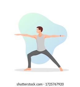 Young adult yogi doing yoga pose. Standing man meditating. Meditation icon symbol concept. Stress relief. Mental health exercise. Peaceful and calm. Balance - Flat vector character illustration.