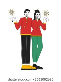 Young adults chinese couple in tang suits holding sparklers 2D cartoon characters. Asian girlfriend boyfriend celebrating isolated people flat vector on white background. Spot illustration colorful