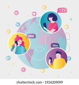 Young adults from different continents communicate in global network. Globe with avatars of humans. People share information over Internet. Online meeting and worldwide service. Vector illustration