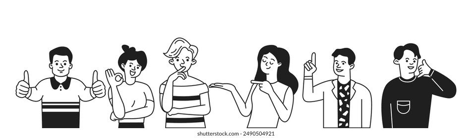 Young adults with different gestures doodle line cartoon illustration set. Expressing emotions with hand signs linear vector people collection