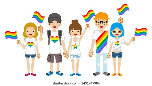 Young adults group holding rainbow flags - LGBT parade concept art