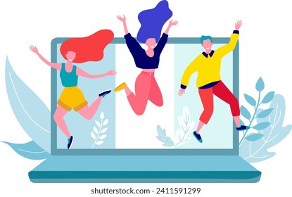 Young adults jumping out of laptop screen with joy. Cheerful virtual meeting celebration. Digital friendship and online community happiness vector illustration.