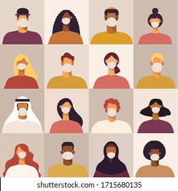 Young, adults, men and women of different nationalities in medical masks. Protection for people against dust viruses and polluted atmosphere. Set of cartoon characters. Vector in flat design. Covid-19