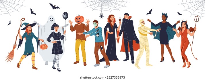 Young adults in spooky Halloween attires flat color vector illustration. Scary masquerade party dressed up guests cartoon characters on white