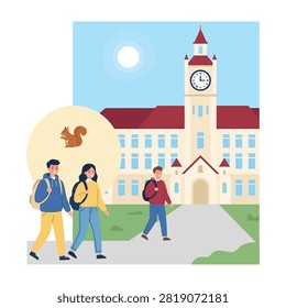 young adults strolling on pathway to school, casual clothes, sunny day, education