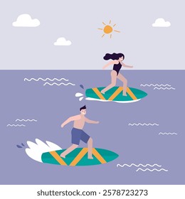 Young adults surfing, recreation. Happy surfer characters in swimwear riding sea waves on surfboards. Surf school, camp, spot. Summertime activity, Healthy lifestyle, vacation. vector illustration