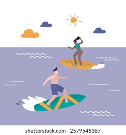 Young adults surfing, recreation. Happy surfer characters in swimwear riding sea waves on surfboards. Surf school, camp, spot. Summertime activity, Healthy lifestyle, vacation. vector illustration