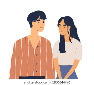 Young Adults Or Teenage People Looking At Each Other. Couple Of Smiling Asian Woman And Man In Love Standing Together. Flat Vector Cartoon Illustration Portrait Isolated On White Background