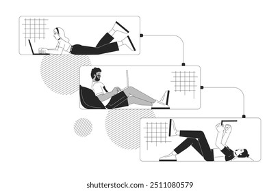 Jovens adultos que trabalham em notebooks em cascata fluxo de trabalho conceito de ilustração 2D em preto e branco. Funcionários de escritórios remotos delineiam caracteres isolados. Arte vetorial monocromática de metáfora de comunicação