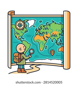 Young adventurer with backpack examining map
