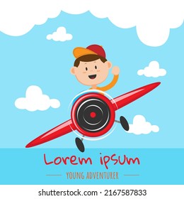 Young adventurer. A boy is riding a plane for an adventure. Suitable for children's book covers