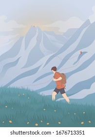 Young adventurer climbs a mountain using a navigator and traces a route by placeholders. Flat colorful vector illustration.