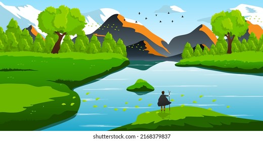 A young adventurer stood looking at the mountains and birds flying in the sky. Vector illustration