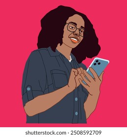 Una joven mujer afroamericana revisando su teléfono celular luciendo feliz y con gafas negras