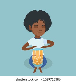 Young africa woman with closed eyes playing the ethnic drum. Musician sitting on the floor with an ethnic drum. Woman playing ethnic music on tom-tom. Vector cartoon illustration. Square layout.
