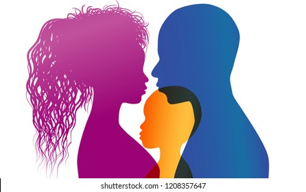 Young African or African-American parents adopt an African or African American child. Adoption. Vector color profile silhouette