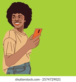 A young African American Afro lady with a confident and cheerful expression, holding a cell phone in her hand, exuding charm and positivity in a relaxed, modern setting.