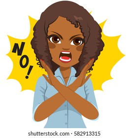 Young African American angry woman making crossed arms sign says no