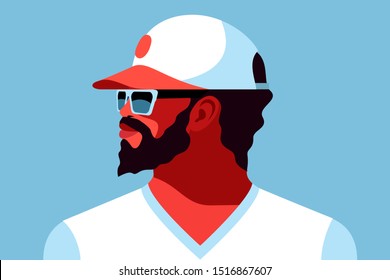 Young african american athlete. Bearded male character with black curly hair, in a T-shirt, baseball cap and sunglasses. Vector illustration