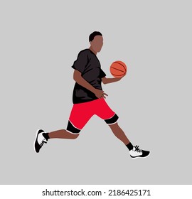 Young african american Basketball player running with ball. Cartoon style vector flat illustration isolated.