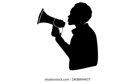 Young african american beautiful woman with megaphone, black isolated silhouette