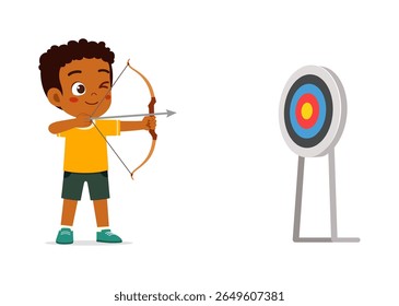 Jovem menino afro-americano apontando uma flecha para um alvo com um arco e flecha
