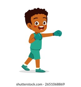 Young African American Boy Boxing with Gloves and a Happy Expression on White Background