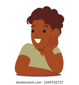Young African American Boy Character Lies On His Stomach, Propping Cheek, Lost In Dreams. His Innocent Face Shows A World Of Imagination. Happy Childhood Concept. Cartoon People Vector Illustration