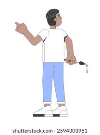 Young african american boy holding paintbrush with dripping paint 2D cartoon character. Black male child artist pointing finger flat vector person isolated on white. Spot illustration colorful