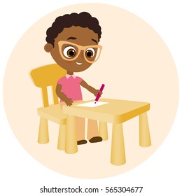 Young african american boy paints sitting at a school desk . Vector illustration eps 10. Flat cartoon style
