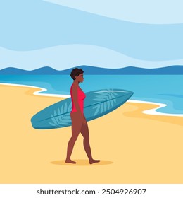 Young African American brunette walks with a surfboard towards the sea. Vector illustration