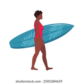 Young African American brunette walks with a surfboard towards the sea. Vector illustration