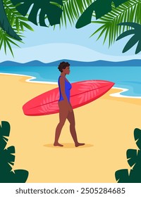 Young African American brunette walks with a surfboard towards the sea. Vector illustration