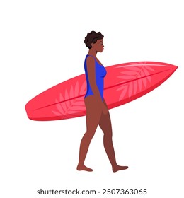 Young African American brunette walks with a surfboard towards the sea. Vector illustration