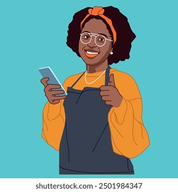 
Una joven mujer de negocios afroamericana con teléfono móvil sonriendo al mismo tiempo