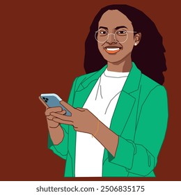 Una joven mujer de negocios afroamericana con un traje verde sosteniendo un teléfono celular que luce bonita con gafas