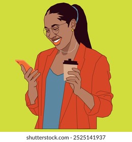 A young African American business lady smiling holding a cell phone looking so excited wearing glasses