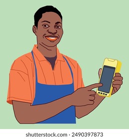 Young African American business male pointing at his terminal machine wearing an apron