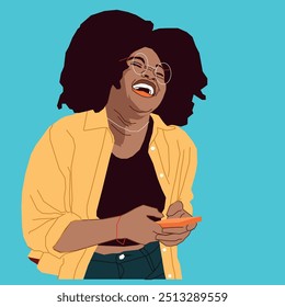 Uma jovem afro-americana empresária que parece tão feliz com seu telefone usando óculos