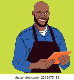 A young African American business owner with iPad smiling wearing an apron and a black glasses