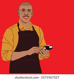 A young African American business owner, dressed in smart casual attire, confidently holding a POS machine with a friendly smile.