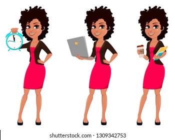 Young African American business woman in casual clothes, set of three poses. Cartoon character businesswoman holding alarm clock, holding laptop and holding coffee. Vector illustration