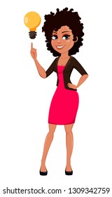 Young African American business woman in casual clothes. Attractive cartoon character businesswoman having a good idea. Vector illustration