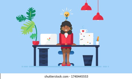 Young african american business woman having new creative idea while working at workplace flat vector illustration. Afro businesswoman entrepreneur with successful startup innovation