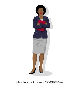 Young African American Business Woman With Black Curly Hair In Navy-blue Jacket And Light Grey Skirt With Red Folder. Strong Black Girl On White Background, Front View. Vector Illustration EPS 10.