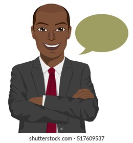 young african american businessman with arms folded and speech bubble