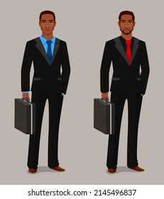 young African American businessman in elegant suit, holding a briefcase. Handsome black man in business suit. Cartoon character.