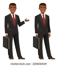 young African American businessman in elegant suit, holding a briefcase. Handsome black man in business suit. Cartoon character. Isolated on white.